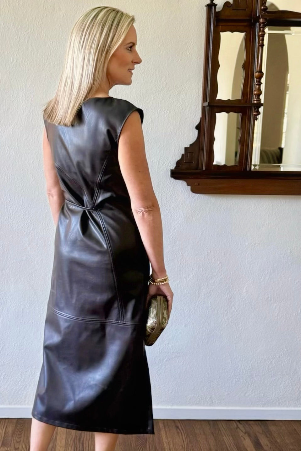 faux leather sheath dress Tejeri Sweater and Faux Leather Sheath Dress