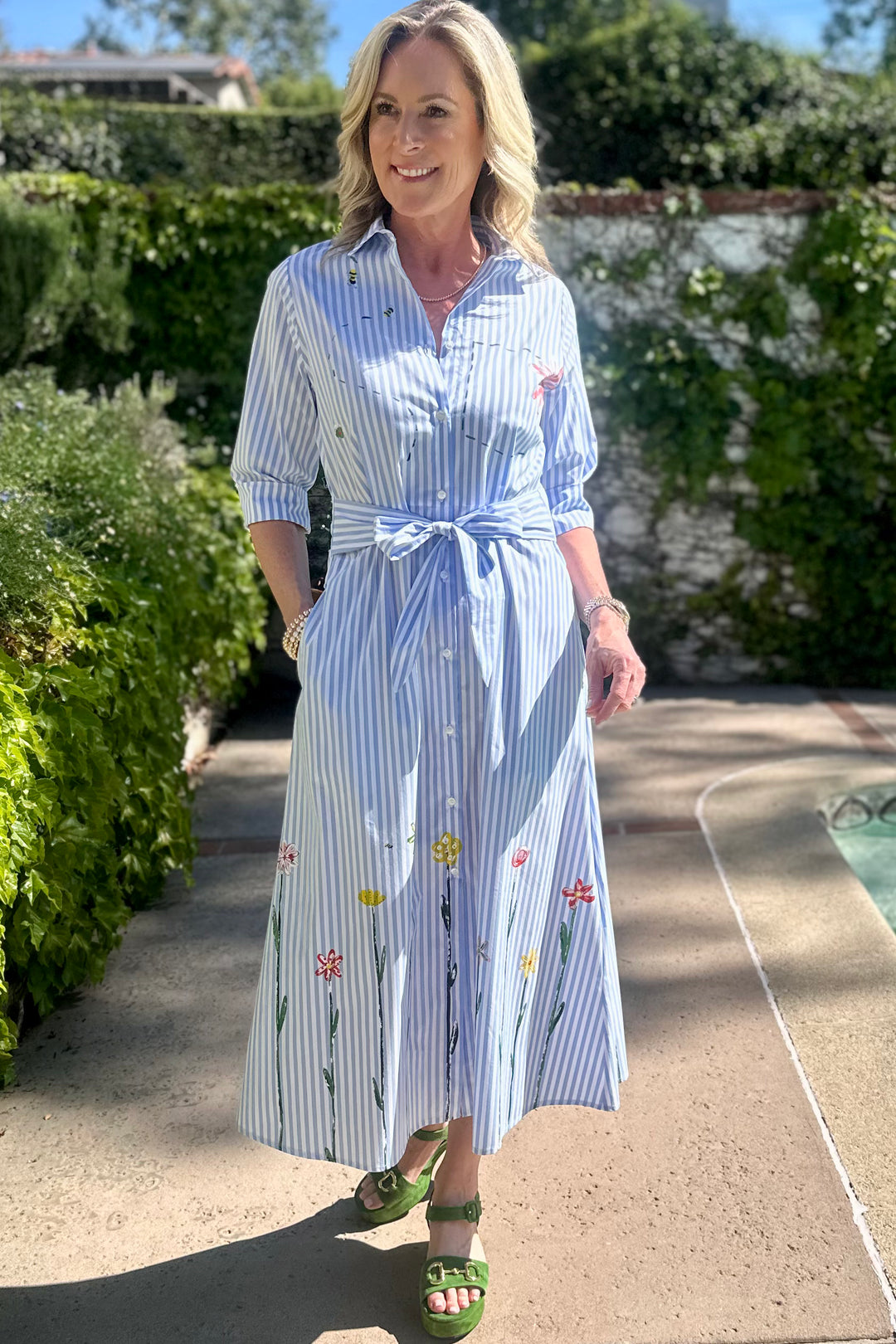 blue striped floral dress Blue Stripe Floral Cotton Puff Sleeve Dress - Mini Dresses