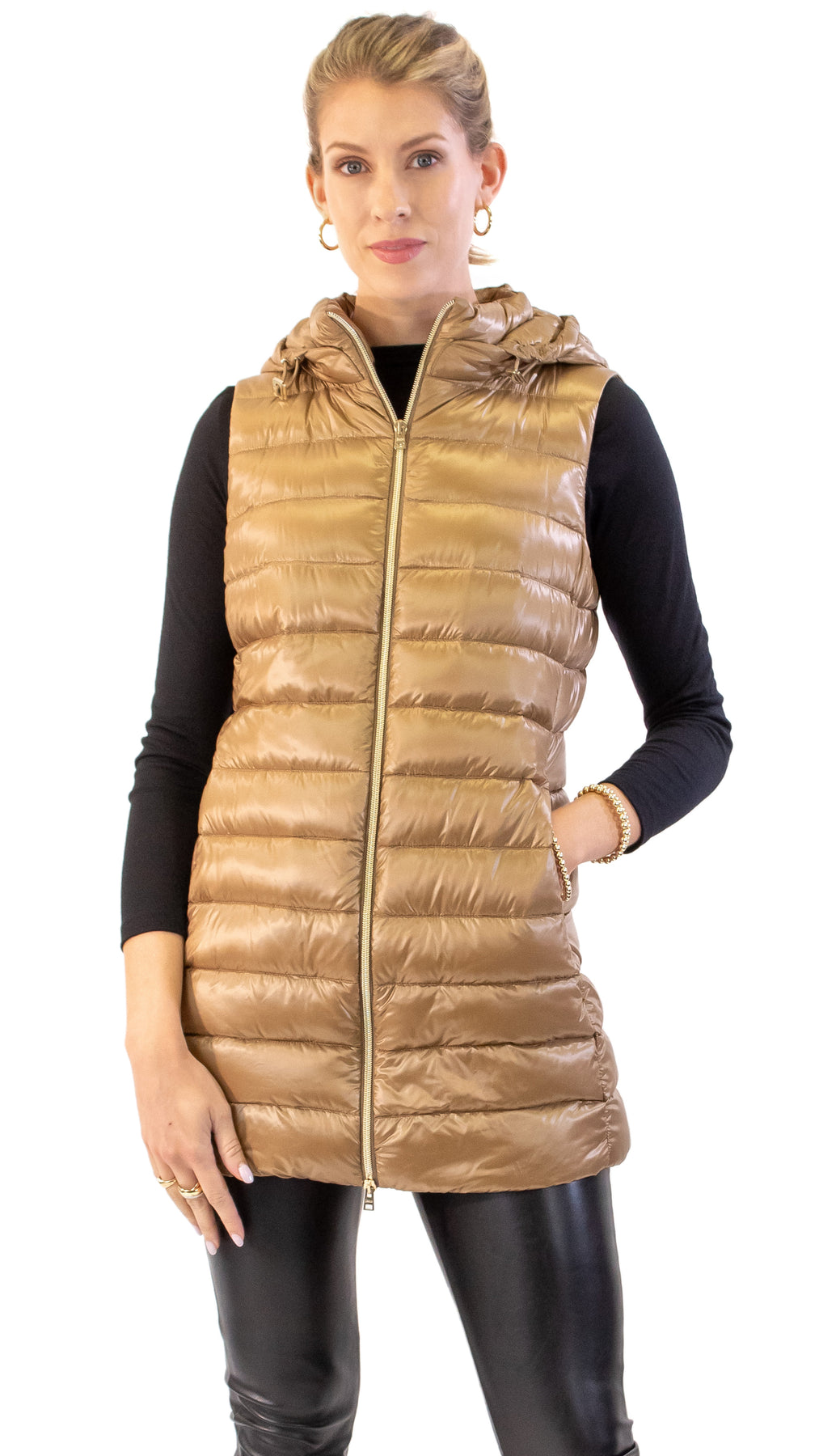 FITTED HOODED PUFFER VEST - taupe brown